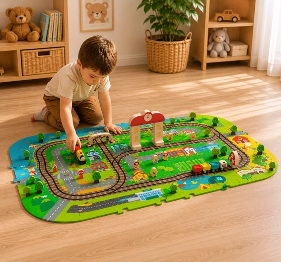 Humbi 3D foam play mat with a town, train and tracks, 56 pieces