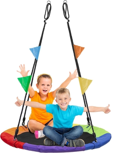 Dārza šūpoles “stārķa ligzda” XL 100 cm, 150 kg, daudzkrāsu ar karodziņiem