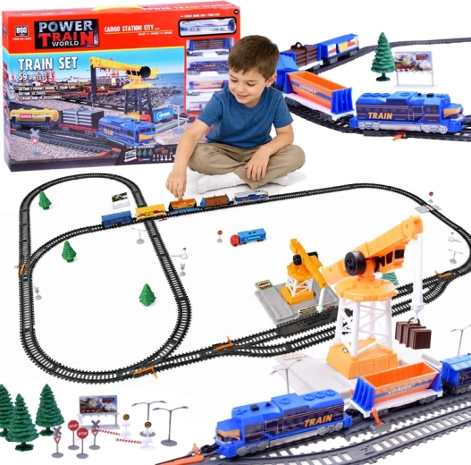 Elektriska kravas vilcieniņa trase Power Train World Cargo ar staciju un celtni, 670 cm, 59 detaļas