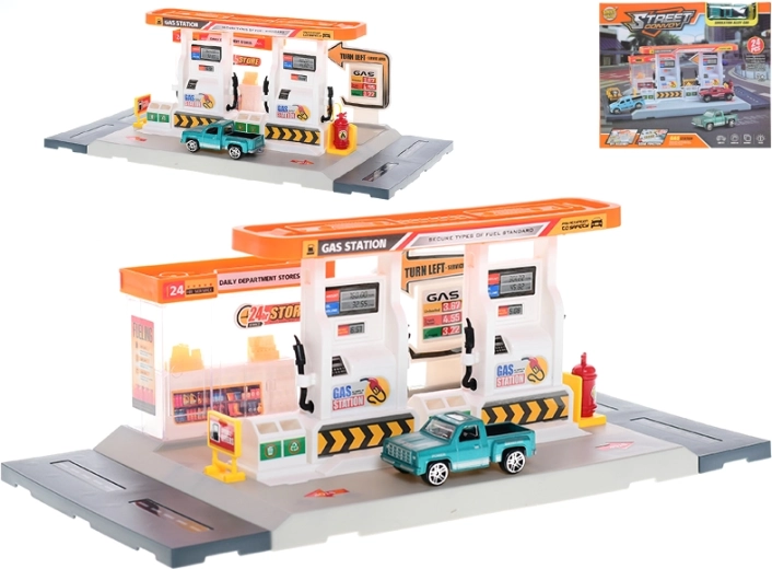 Benzīntanka būvkomplekts 34 × 17 cm ar metāla auto