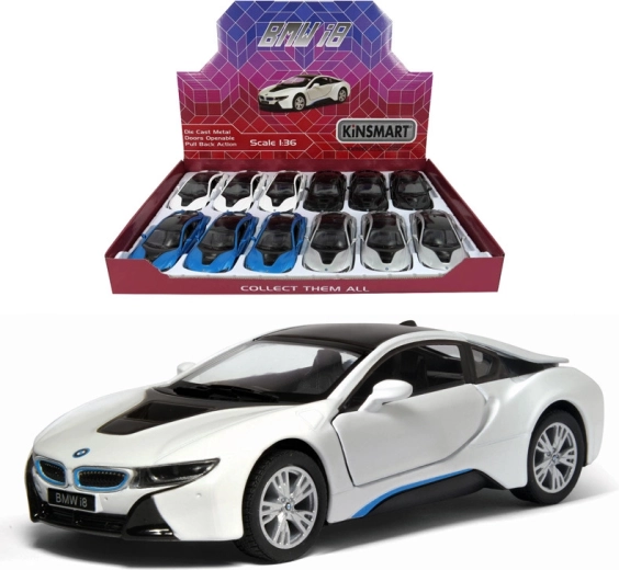 Metal BMW i8 toy car with opening doors and pull-back action