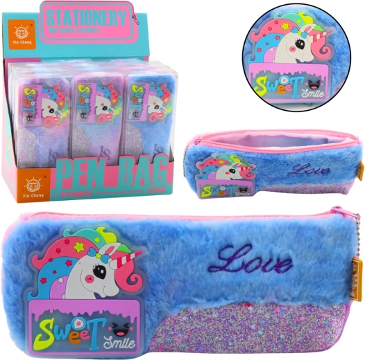 Plush pencil case with unicorn, blue with glittery elements