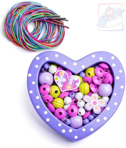 WOODY wooden threading beads in a purple heart-shaped box