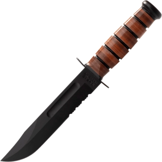 Taktiskais nazis KA-BAR USMC ar daļēji zobainu asmeni, ādas rokturi un maksti