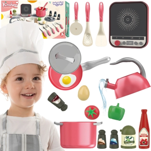 Woopie Children's Kitchen Set with Induction Hob in Pink, 30 Pieces