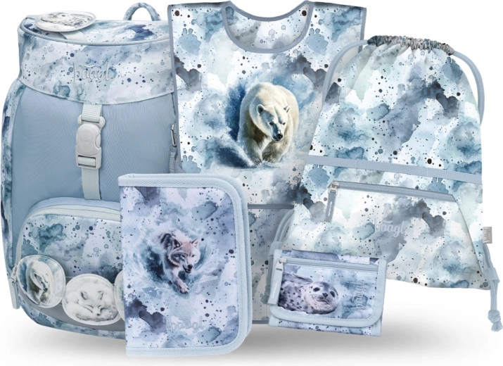 School Set BAAGL Airy Polar 5 pieces: backpack, pencil case, drawstring bag, art apron and neck wallet from recycled materials