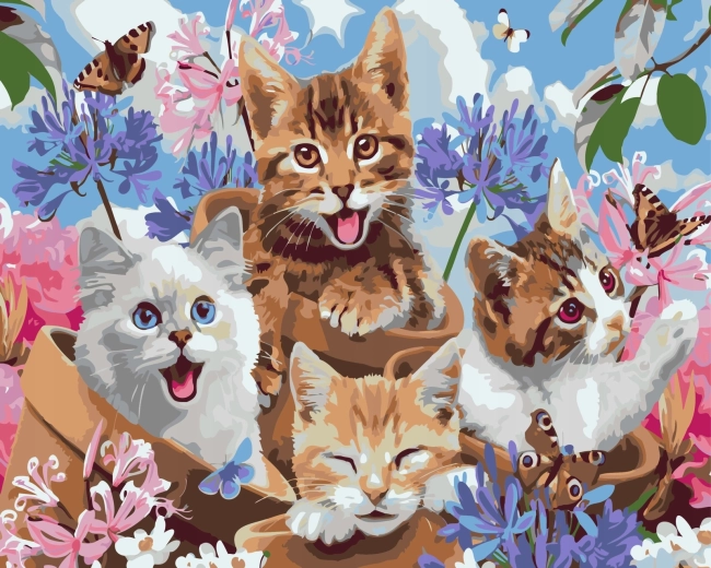 Norimpex Krāsošana pēc numuriem — laimīgi kaķēni puķupodos 40 × 50 cm