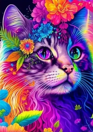 Diamond Painting Colorful Cat with Flowers 30 × 40 cm