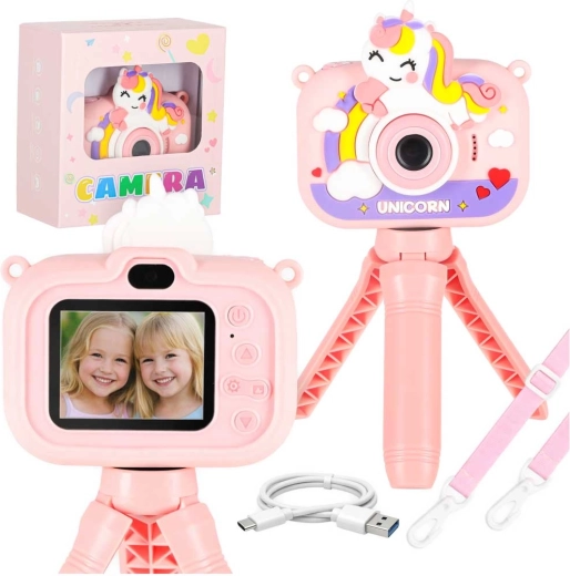 Bērnu digitālā fotokamera ar statīvu – vienradzis, rozā