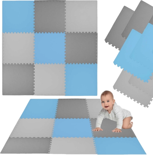 HUMBI Foam Mat 180 × 180 cm – large waterproof puzzle, safe for babies and children, 9 pieces, blue/gray/dark gray
