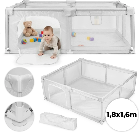 Bērnu manēža 180 × 160 cm pelēka ar ceļojumu somu ECOTOYS