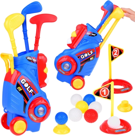 Bērnu mini golfs – komplekts ar nūjām, bumbiņām un ratiņstendu