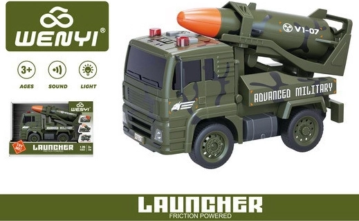Militārā automašīna ar raķeti ar inerces piedziņu, gaismas un skaņas efekti, 19 cm