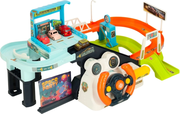 Interactive steering wheel and toy car elevator