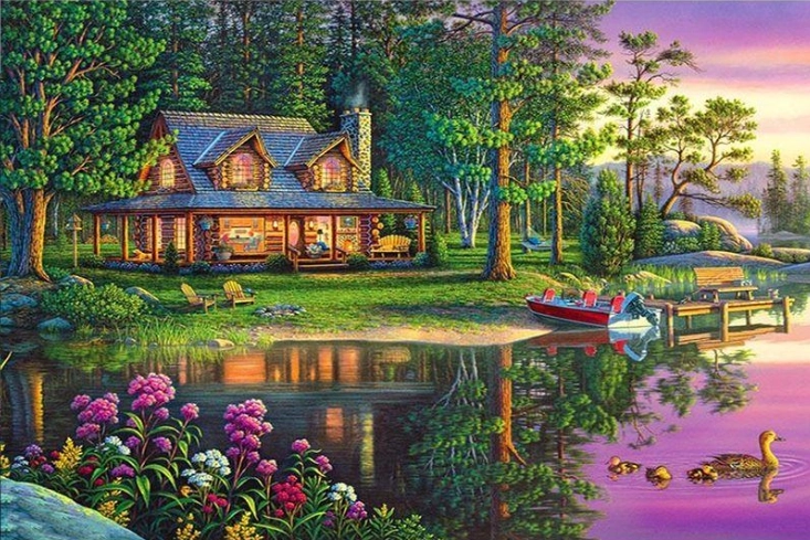 Norimpex Gleznošana pēc numuriem Māja mežā pie dīķa 40 × 50 cm