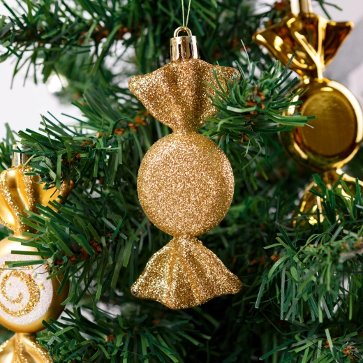 Set of Christmas ornaments shaped like golden candy, 6 pcs