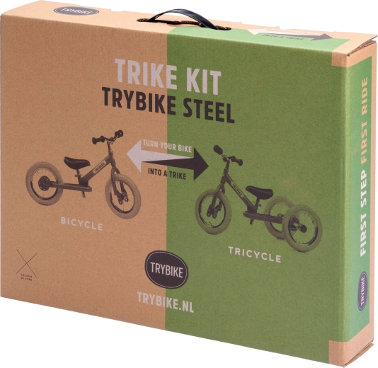 Trybike Vintage conversion kit to turn a balance bike into a tricycle with a cream wheel