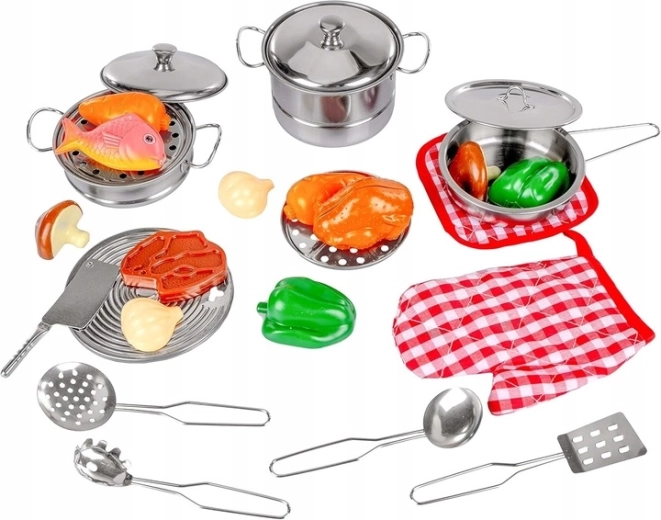 Plastic food and an oven mitt included