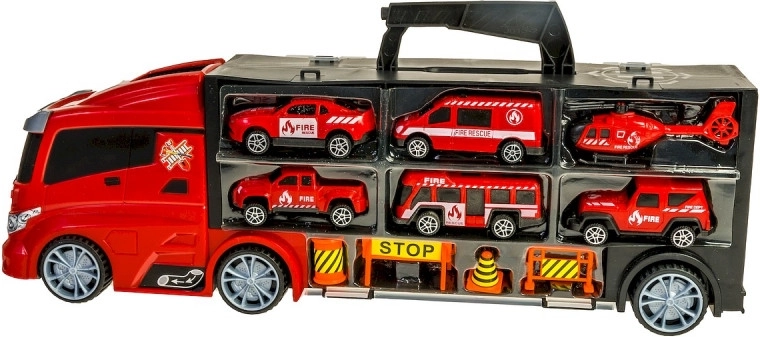Glābšanas transportlīdzekļu komplekts koferī – ugunsdzēsēju transportieris ar automašīnām un helikopteru