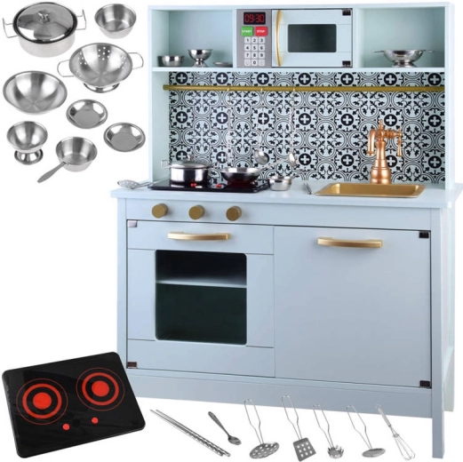 Mint wooden kids' play kitchen with cookware