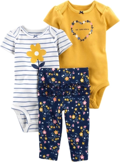 CARTER'S 3-piece baby set – 2× short-sleeve bodysuits and long pants, multicolor flowers – PRE