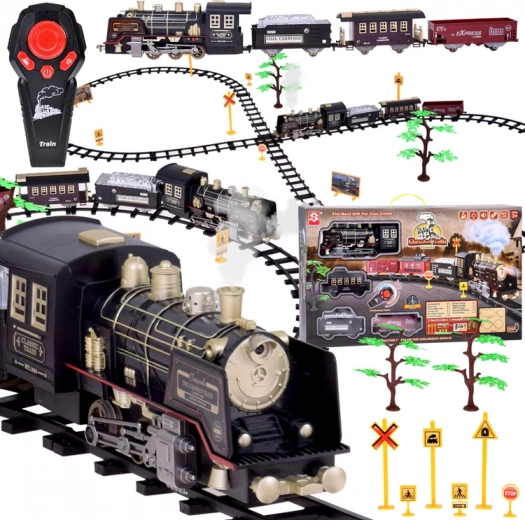 Large Retro Train Set with Locomotive Remote Control with Light and Steam