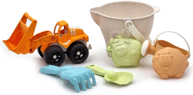 WOOPIE GREEN smilšu rotaļu komplekts ar iekrāvēju spainītī, 7 daļas, bioloģiski noārdāms materiāls