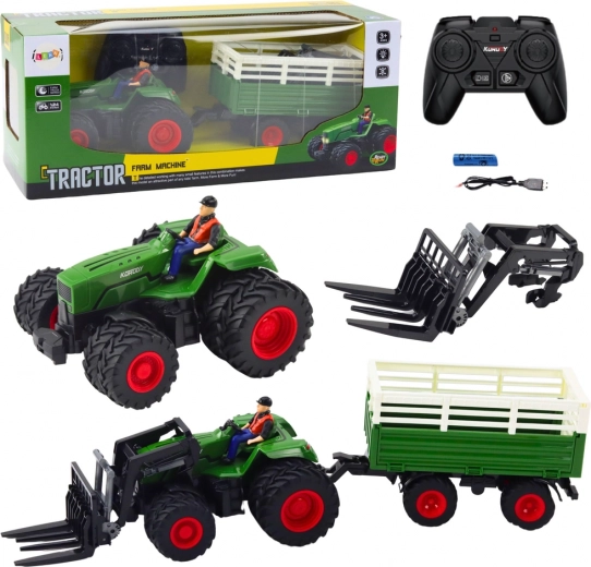 Tālvadības traktors ar piekabi un dakšām
