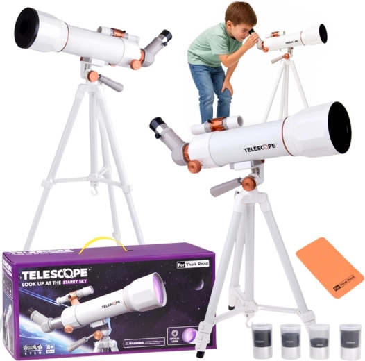 Bērnu teleskops ar statīvu līdz 107 cm, 4 okulāri, 3× palielinošā lēca un meklētājs