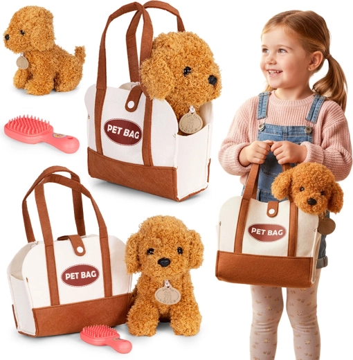 Plush dog in a bag with brush – brown poodle for kids