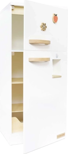 Opening fridge with shelves and compartments
