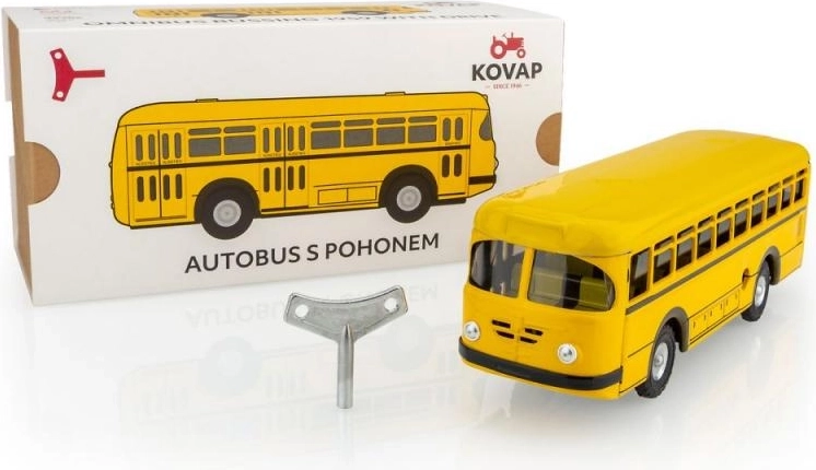 Retro autobuss ar atsperes uzvilkšanu, metāla 19 cm, dzeltens, kastītē Kovap