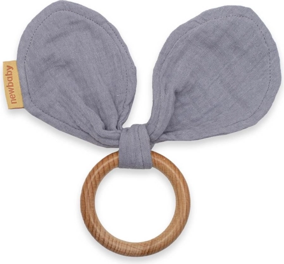 Koka graužamais riņķis ar muslīna austiņām New Baby, pelēks