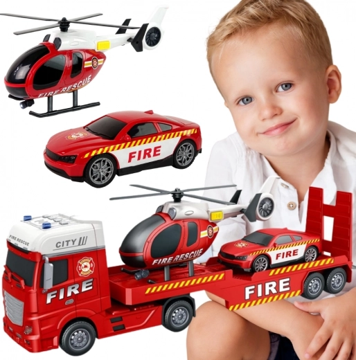 Woopie ugunsdzēsēju komplekts ar evakuatoru, helikopteru un automašīnu ar gaismām un skaņām