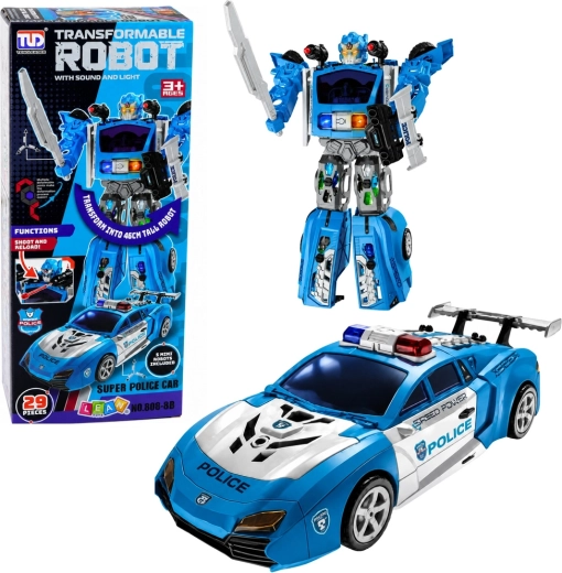 2-in-1 police robot with sports police car, lights, sounds and projectile launcher – 29 pieces