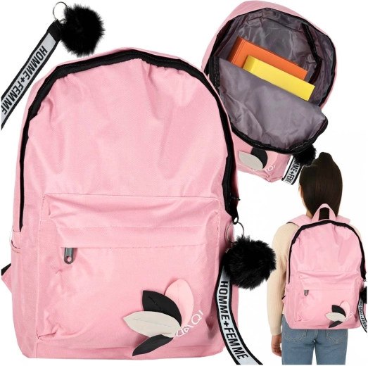 Pink school backpack with a pom-pom charm