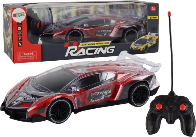 RC sports car at 1:16 scale with red lights