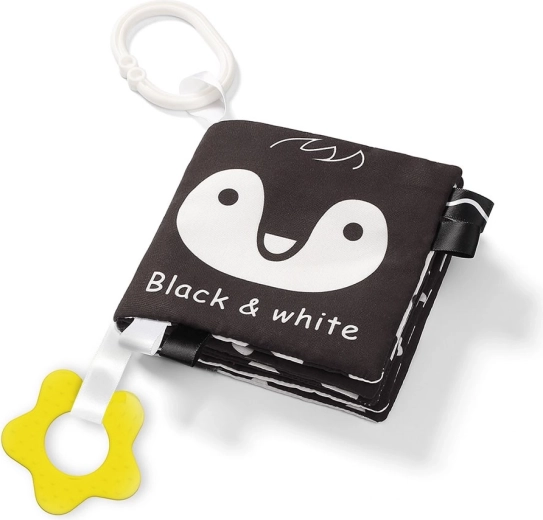 Sensorā auduma grāmatiņa BLACK & WHITE ar košļājamo un piekariņa riņķi