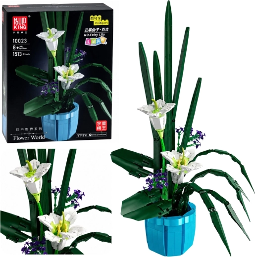Construction building set – floral arrangement: white lilies in a flowerpot (1513 pieces)