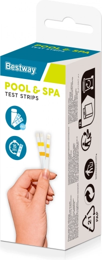 Teststrēmeles BESTWAY 3-in-1 baseiniem un burbuļvannām – pH, brīvais hlors, kopējā alkalitāte (50 gab.)