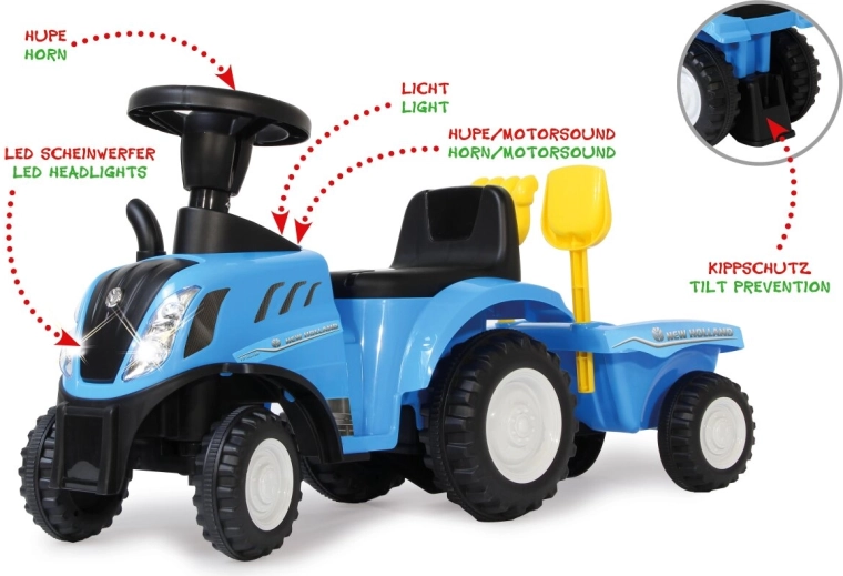 Bērnu stumjamais traktors New Holland T7 ar piekabi 2 vienā, zilā krāsā