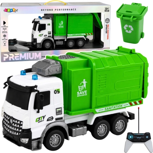 Remote-controlled RC garbage truck with lights and bin 1:14