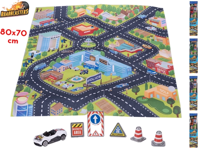 Satiksmes paklājs Roadblasters 80 × 70 cm ar mašīnīti un ceļa zīmēm