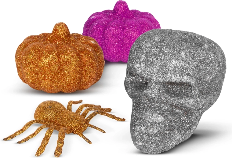 Glitter Halloween decoration set with spider, skull and pumpkins