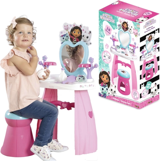 Tualetes galdiņš GABBY’S DOLLHOUSE ar sirds formas spoguli un ķeblīti + 10 aksesuāri