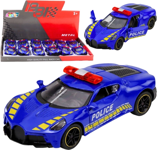 Metāla policijas sporta auto 1:43 ar pull-back piedziņu un atveramām durvīm – zils