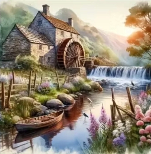 Norimpex dimanta glezna Dzirnavas pie upes ar laivu 30 × 40 cm