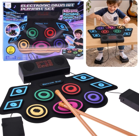Children's electronic drum kit on a mat with pedals