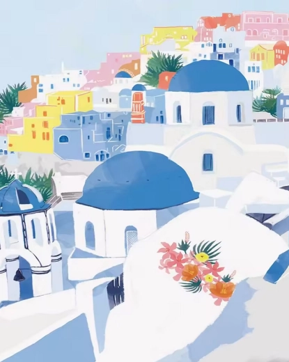 Dimanta mozaīka “Zilie jumti Santorini” 30 × 40 cm