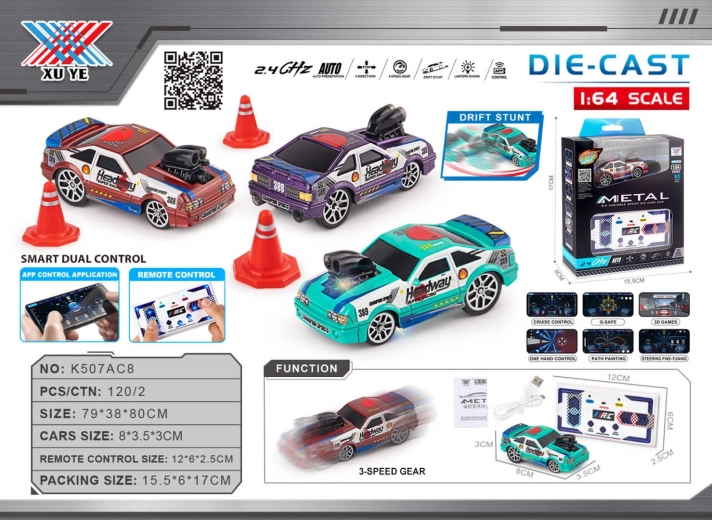 Drifta RC automašīnīte 1:64 Headway ar piederumiem
